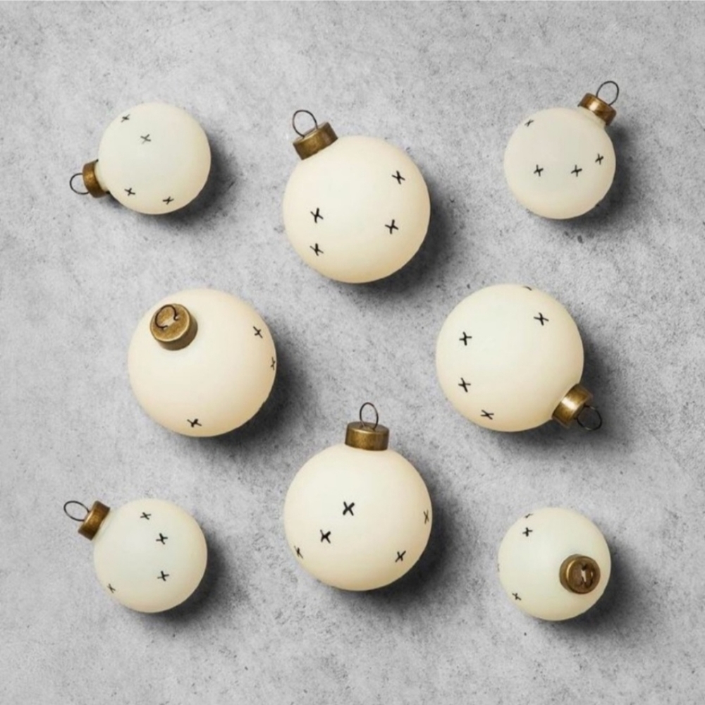 Hearth & Hand Magnolia Cream/white Glass Black X Stitch Ornaments- 7pck